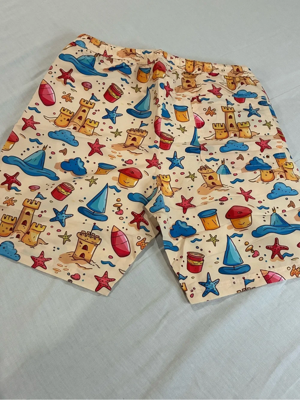 Boys Beach Print Swim Shorts - Cream with Multicolor